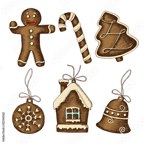Vector hand drawn set of Christmas gingerbread. Sketch. Merry Christmas and Happy New Year.