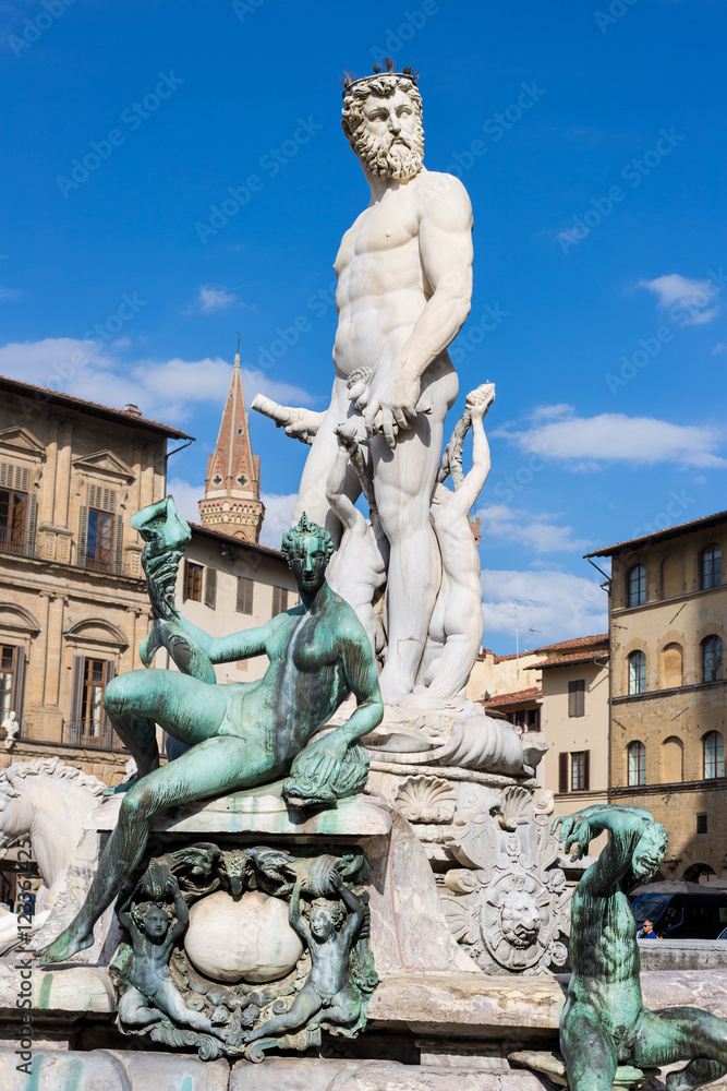 Detail of Neptune sculpture, Fountain of Neptune on Piazza della Signoria (Signoria square) in front of Palazzo Vecchio in Florence, Tuscany, Italy. 