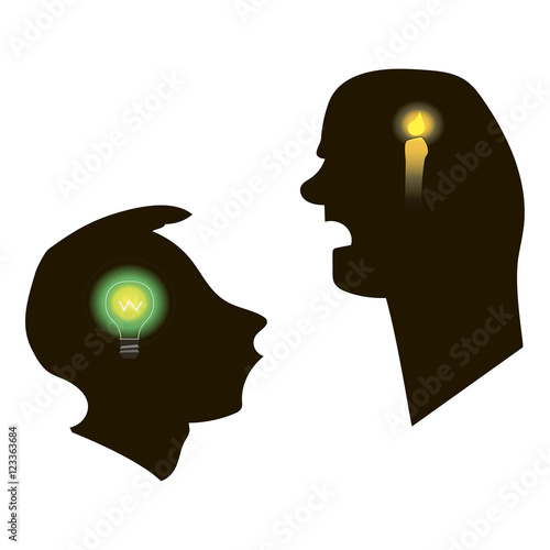 Black silhouettes of two men talking.
White background. Teacher and studen. Learning process from student's point of view. photo