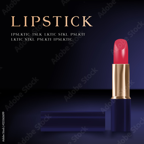 Lipstick pink color and lipstick text isolated on dark blue gradient background, with copy space