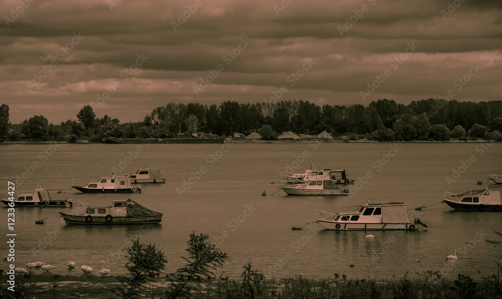 River Danube small fishing boats, b&w