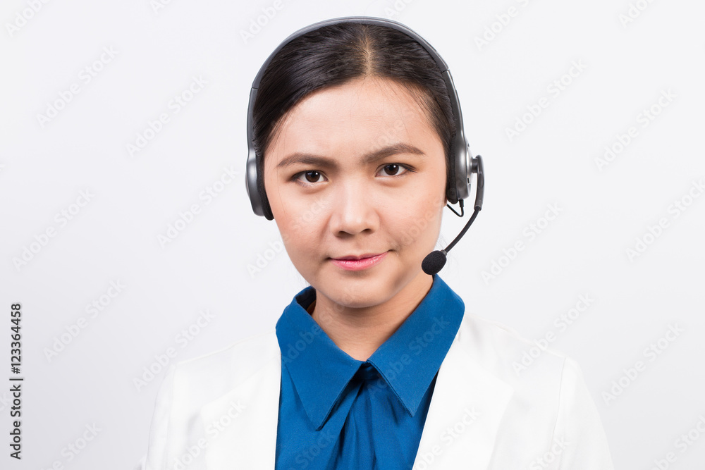 Operator or businesswoman in headset feel confuse Operator or businesswoman in headset feel confuse