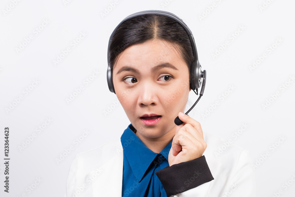 Operator or businesswoman in headset feel confuse Operator or businesswoman in headset feel confuse