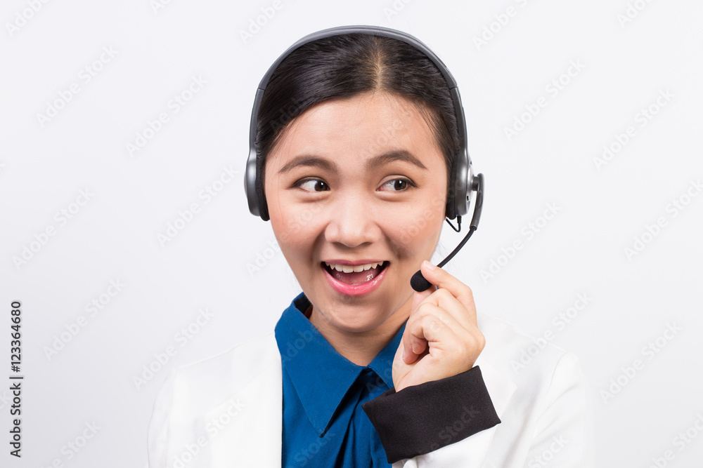 Operator or businesswoman in headset feel so good Operator or businesswoman in headset feel so good