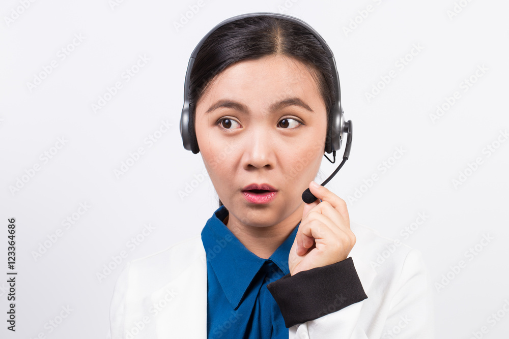 Operator or businesswoman in headset feel confuse