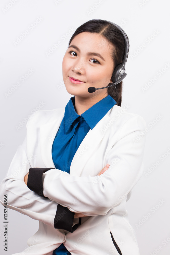 Operator or businesswoman in headset feel so good Operator or businesswoman in headset feel so good