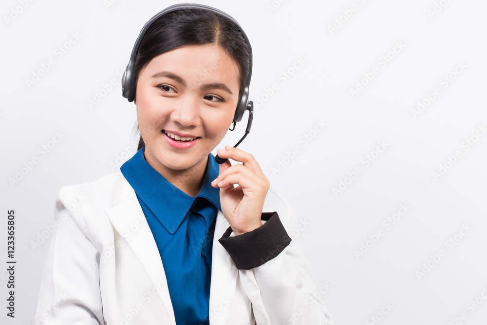 Operator or businesswoman in headset feel so good Operator or businesswoman in headset feel so good