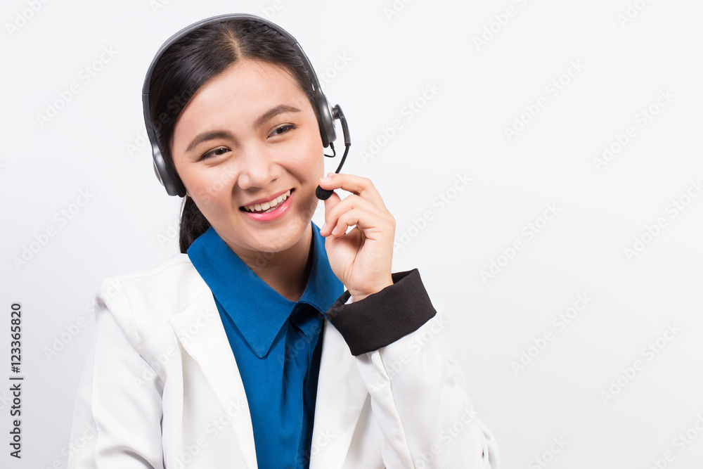 Operator or businesswoman in headset feel so good Operator or businesswoman in headset feel so good