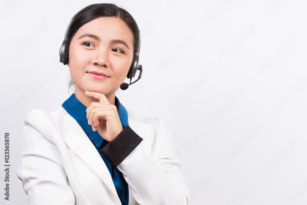 Operator or businesswoman in headset feel so good Operator or businesswoman in headset feel so good