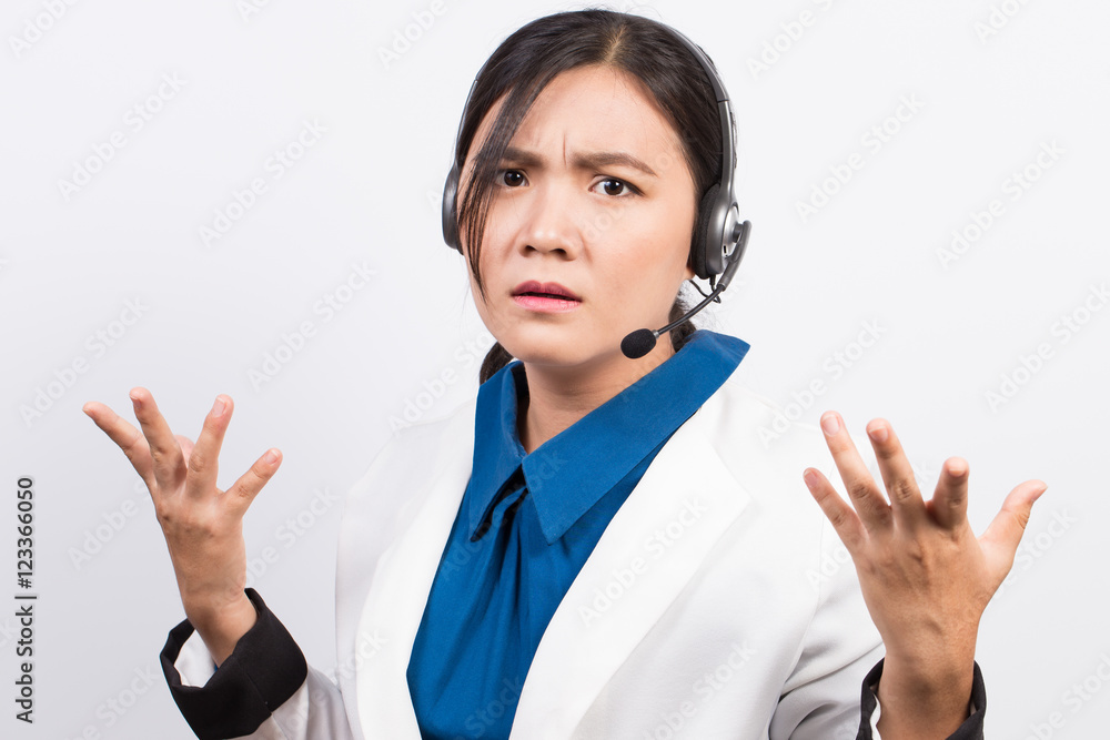 Operator or businesswoman in headset feel confuse Operator or businesswoman in headset feel confuse