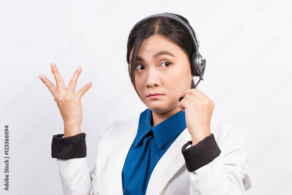 Operator or businesswoman in headset feel confuse Operator or businesswoman in headset feel confuse