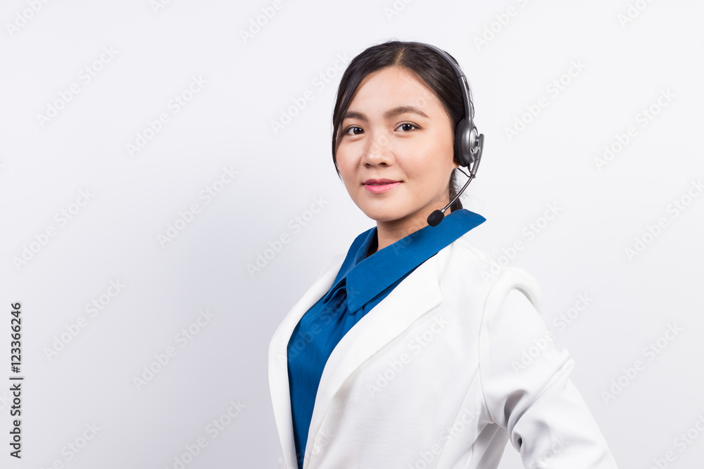 Operator or businesswoman in headset feel so good Operator or businesswoman in headset feel so good