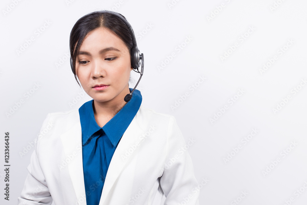 Operator or businesswoman in headset feel confuse Operator or businesswoman in headset feel confuse