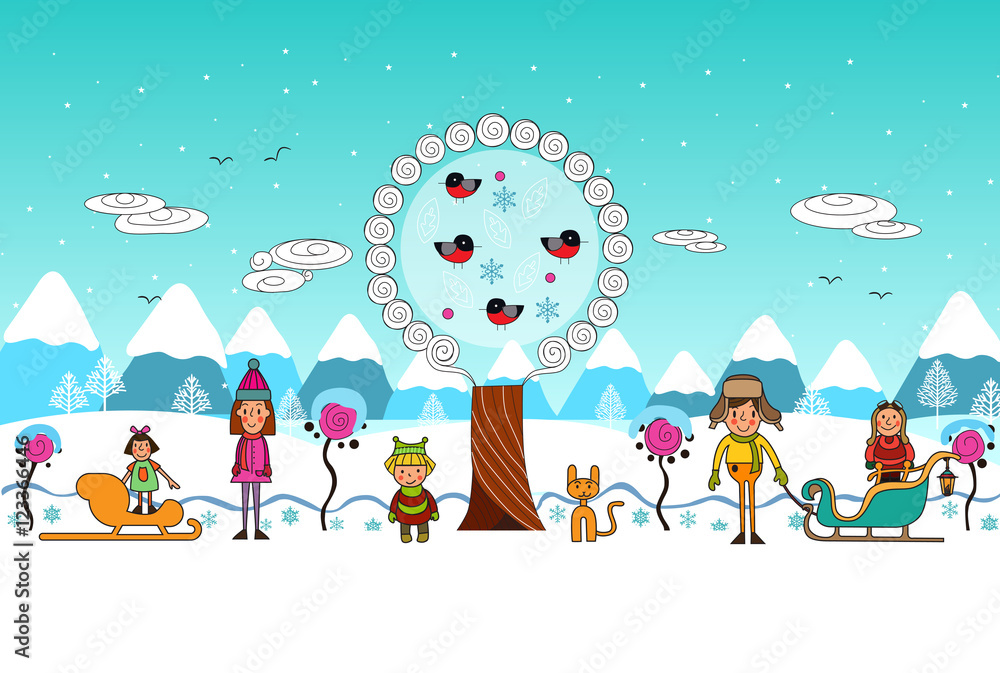 Winter boys and girls flat cartoon vector illustration Winter boys and girls flat cartoon vector illustration