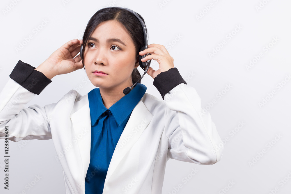 Operator or businesswoman in headset feel confuse Operator or businesswoman in headset feel confuse