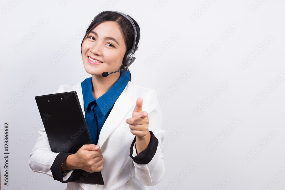 Operator or businesswoman in headset feel so good Operator or businesswoman in headset feel so good