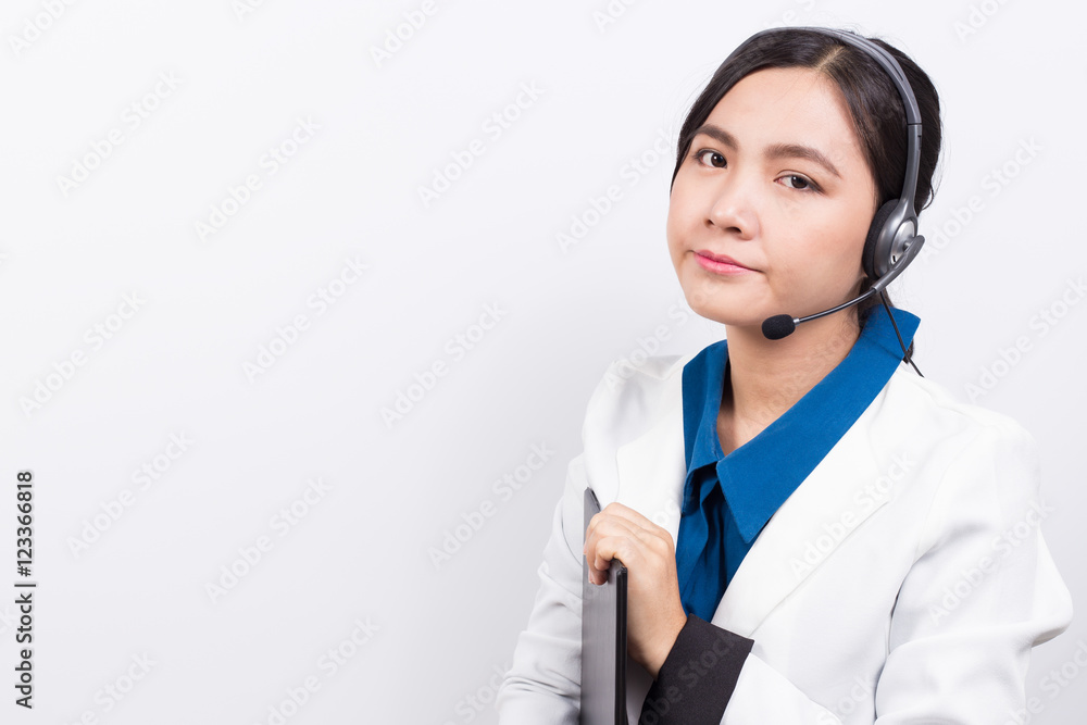 Operator or businesswoman in headset feel confuse Operator or businesswoman in headset feel confuse