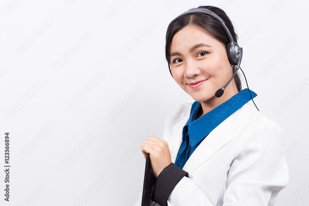 Operator or businesswoman in headset feel so good Operator or businesswoman in headset feel so good