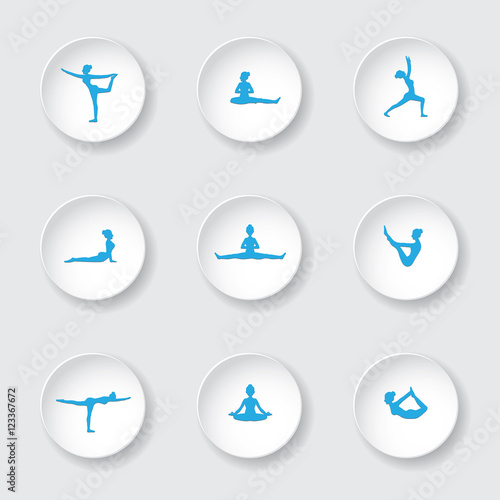 9 blue vector yoga pose silhouettes on white button