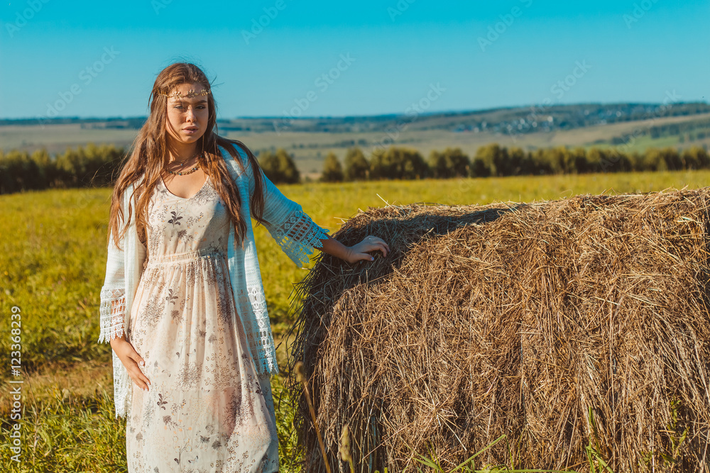 girl, hay, beautiful, boho style,  sexy, portrait, young, beauty, woman, fashion, lady, female, pretty, field, summer, white, cute, attractive, model, hair, nature, straw, adult, natural, dress.