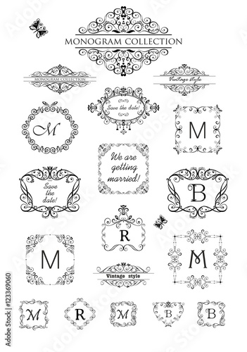 Collection of vintage labels, headers and frames for wedding invitation, greeting card, logo templates, monogram, menu card, restaurant, cafe, hotel, jewellery store