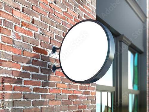 Hanging wall sign mockup, round billboard on the brick wall, stock image, 3d rendering