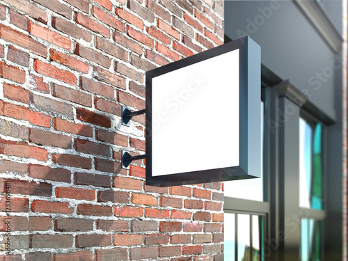 Hanging wall sign mockup, square billboard on the brick wall, stock image, 3d rendering