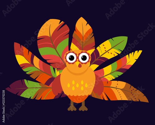 Cute Vector Turkey with Colorful Feathers for Thanksgiving and Fall