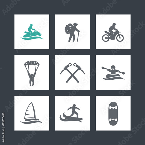 Wallpaper Mural extreme outdoor activities icons set, rafting, skydiving, mountaineering, skateboarding, sailing, surfing Torontodigital.ca