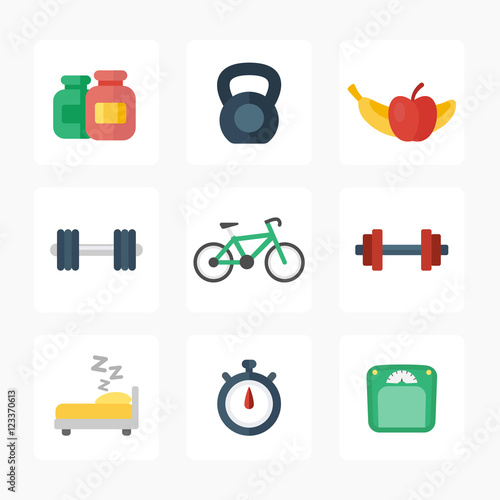 Fitness, gym flat icons on white, vector illustration