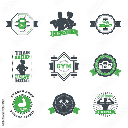 Fitness, gym vintage logos, emblems, badges with barbells, kettlebell, biceps, posing athletes, strong bodybuilders