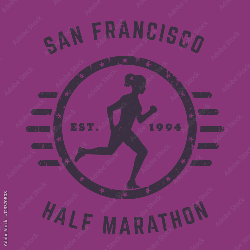 Half Marathon vintage logo, tshirt print with running girl, woman