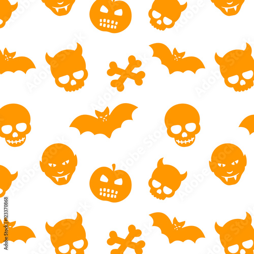halloween pattern, seamless background with skulls, bones, bats, vampires and pumpkins, orange on white photo