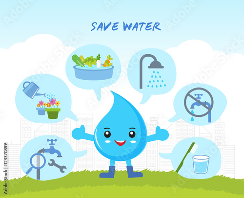 save the water Infographic, save the world, cartoon water drops character