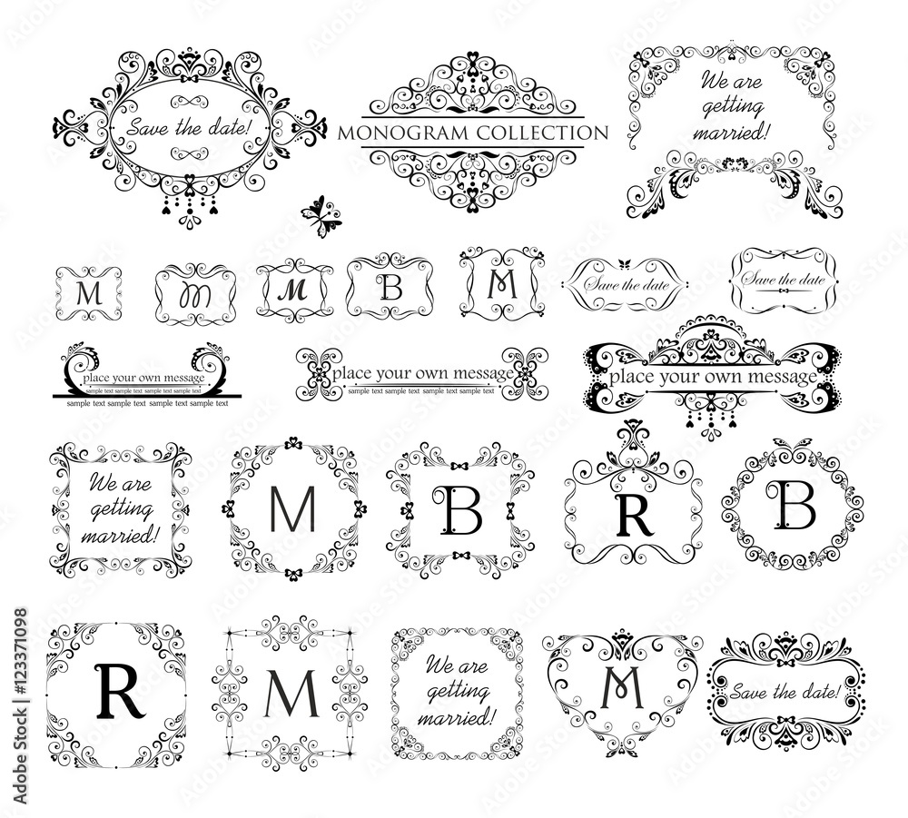 Set of vintage labels, headers and frames for wedding invitation, greeting  card, logo templates, monogram, menu card, restaurant, cafe, hotel,  jewellery store Stock Vector