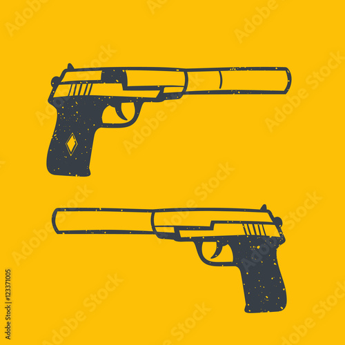 hand drawn pistol with silencer, handgun, vector illustration