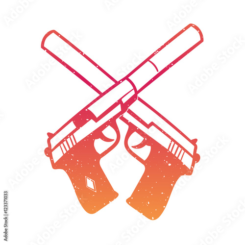 hand drawn pistols with silencer, crossed handguns on white, vector illustration