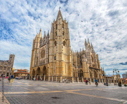 Beautiful gothic cathedral of Leon, Castilla Leon, Spain, Europe under a cloudy sky/ summertime/ holiday/religion/ church photo
