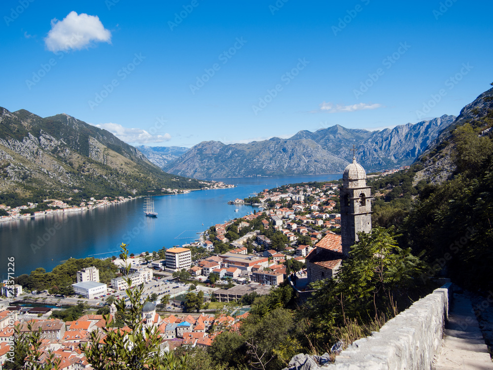 Kotor bay and Old Town from Lovcen Mountain. Montenegro.