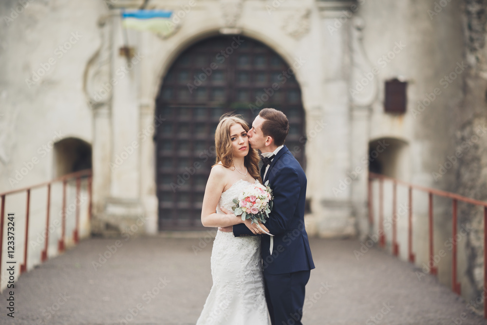 Happy wedding couple hugging and smiling each other on background old castle Happy wedding couple hugging and smiling each other on background old castle
