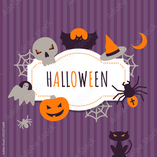 Halloween greeting card with flat icons. Vector Illustration. Colorful flat  icons on deep purple Backdrop. Halloween Concept.