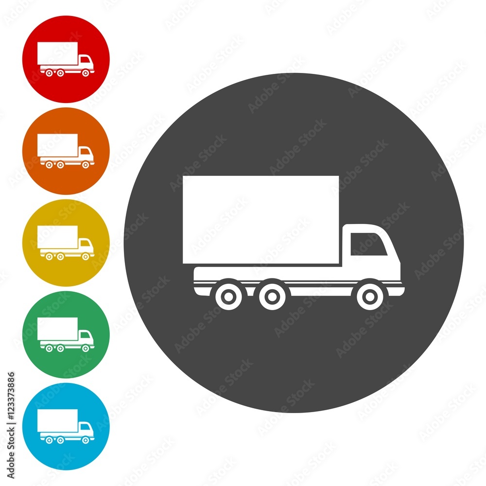 Set of delivery truck color round outlined flat icons on white background Set of delivery truck color round outlined flat icons on white background