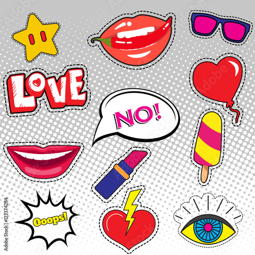 Fashion patch badges with hearts, and other elements. Vector illustration isolated on white background. Set of stickers, pins, patches in cartoon 80s-90s comic style.