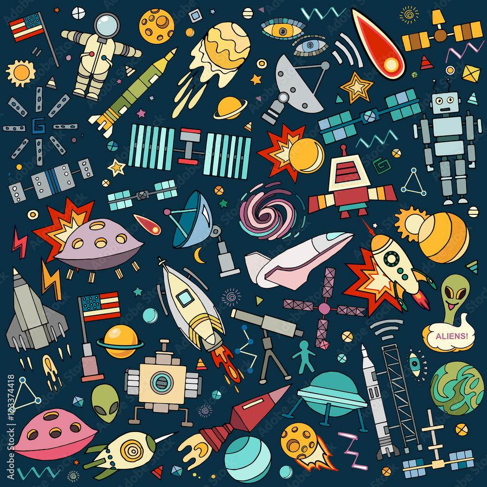 Obraz premium Vector abstract illustration of space. Solar system. Moon, astronaut, planet, rocket, earth, cosmonaut comet universe orbit Technology Hand drawn comic