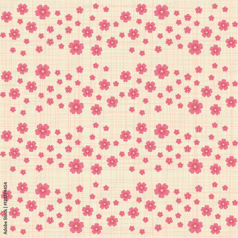 Cute seamless pattern with many repeating orange flowers on the canvas background. Vector illustration eps