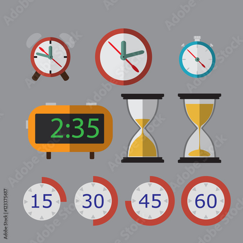 flat icons clocks set hourglass stopwatch alarm clock vector illustration