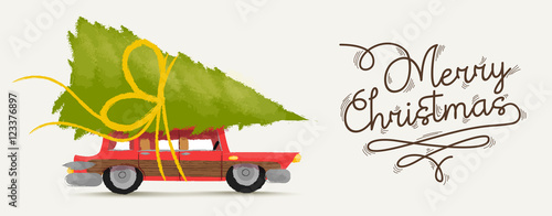 Merry christmas illustration of retro holiday car