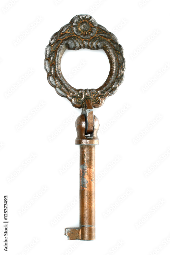 Old key on white background . Old key on white background .