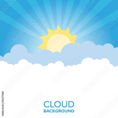 Clouds in the sky with sun rays. Flat vector illustration in cartoon style. Blue colorful background.