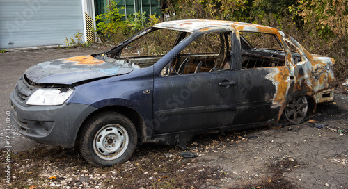 Abandoned Burnt Car. The car stands in front of thickets of bushes